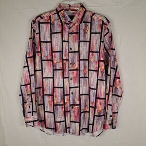 Gene Hiller Shirt Men M Red All Over Print‎ Cotton Vibrant Abstract Watercolor